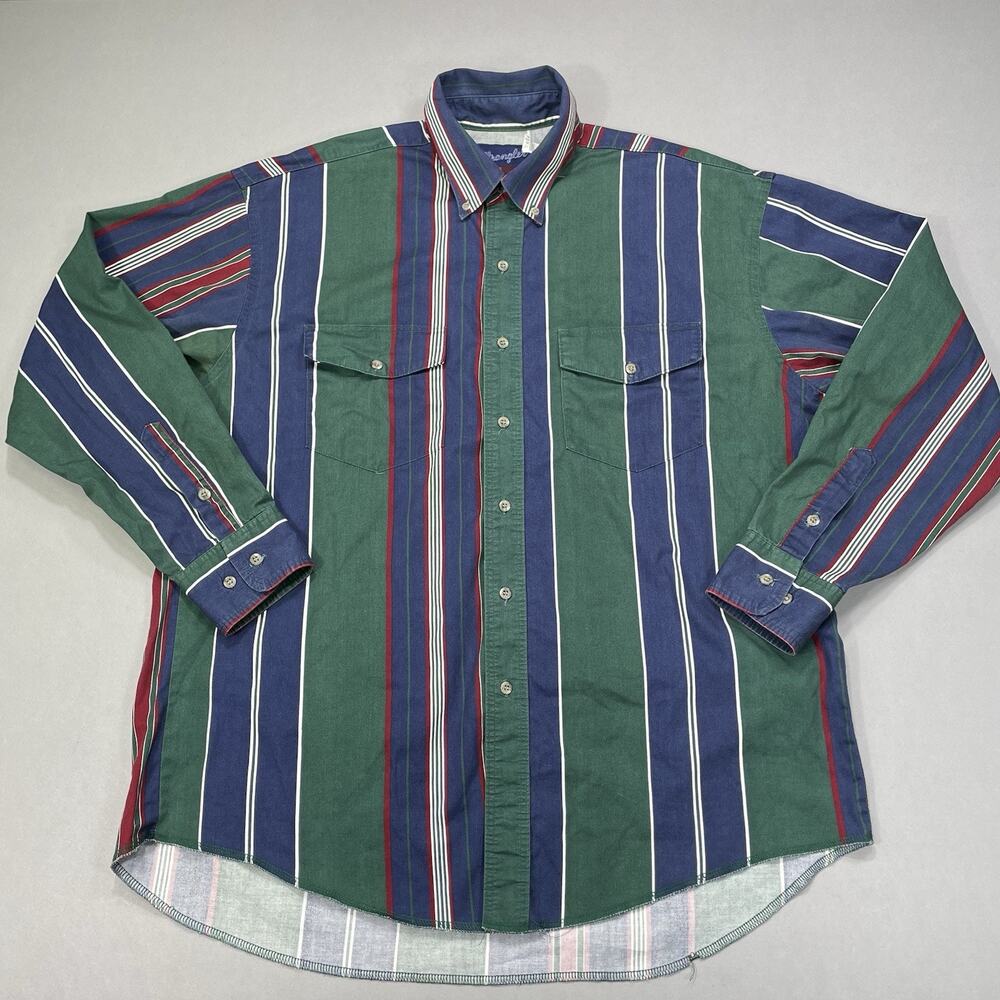 Wrangler X Long Tails Brushpopper Button Shirt Mens 17-35 Striped Green Blue Red